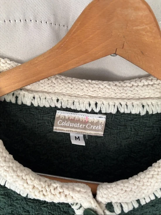 Coldwater Creek Dark Green Textured Button Cardigan with Cream Trim - Picture 2 of 4